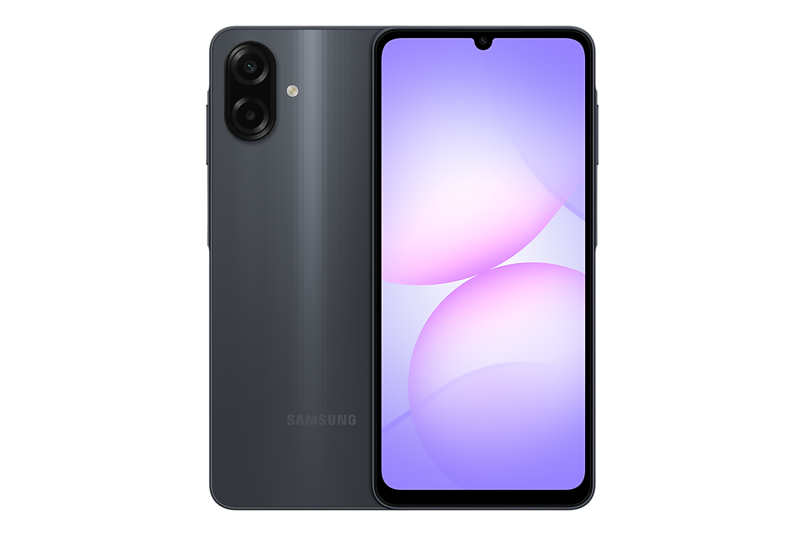 Galaxy A07 4G preto, modelo SM-A075MZKIZTO, visto de frente e de costas