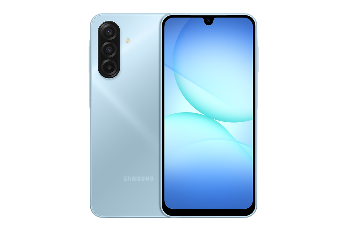Galaxy A17 4G azul, modelo SM-A175FLBHZTO, visto de frente e de costas
