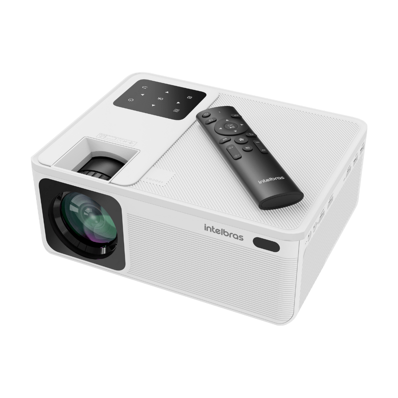 Projetor Intelbras PFL5211 branco com controle remoto sobre a parte superior